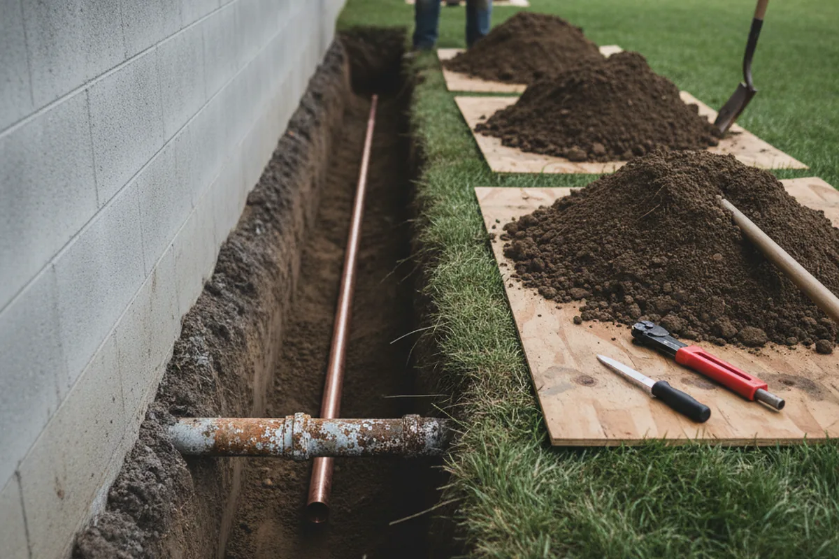 Excavated water line trench during Sewer Line Repair in Sallis